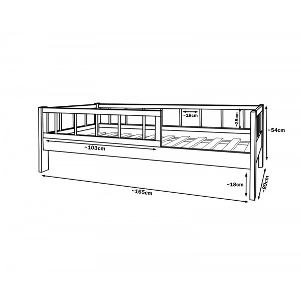 Białe łóżko dziecięce z drewna z barierkami skandynawski styl tapczan 160x80cm