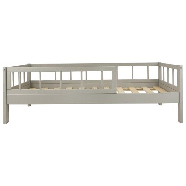 Szare łóżko dziecięce z drewna z barierkami skandynawski styl tapczan 160x80cm