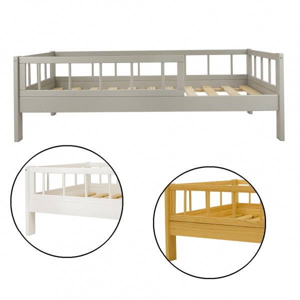 Białe łóżko dziecięce z drewna z barierkami skandynawski styl tapczan 160x80cm